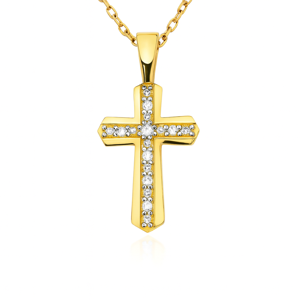 585 prabos geltono aukso kryželis su briliantais, 0.99 g – ADORO juvelyrika