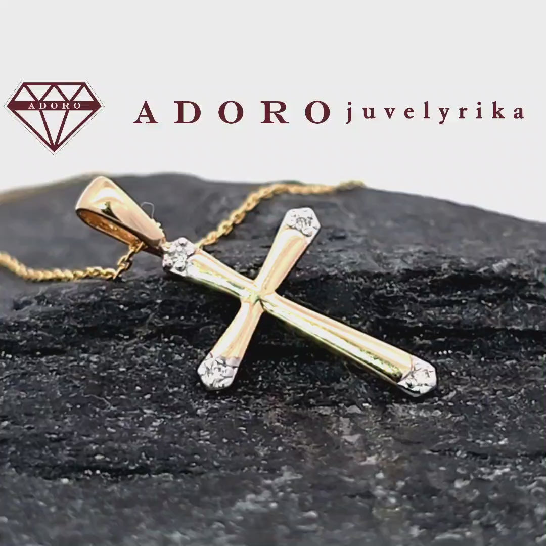 Geltono aukso pakabukas kryželis su 4 deimantais, 0.02 ct – ADORO juvelyrika