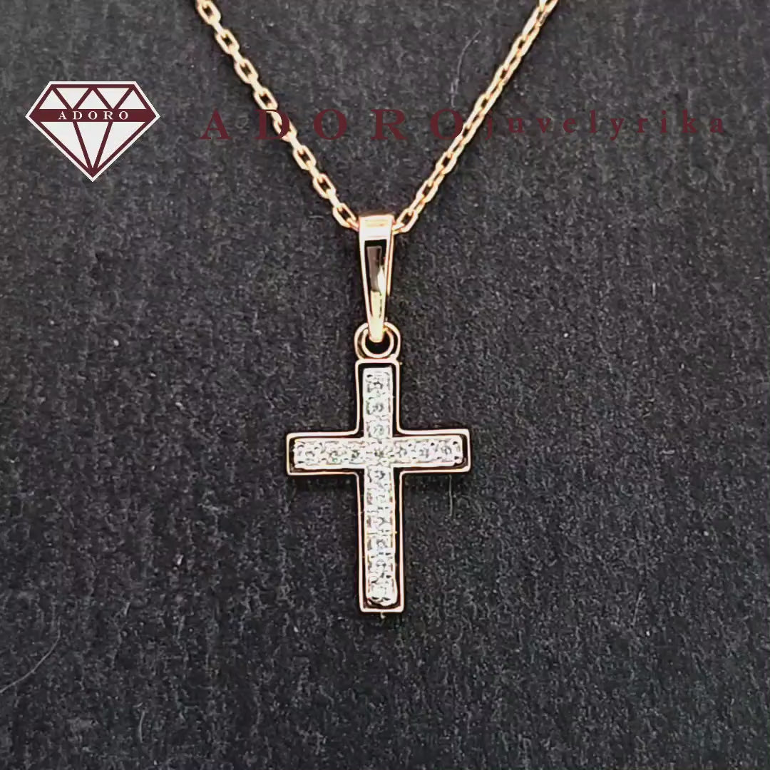 Raudono aukso pakabukas kryželis su 15 deimantų, 0.075 ct – ADORO juvelyrika