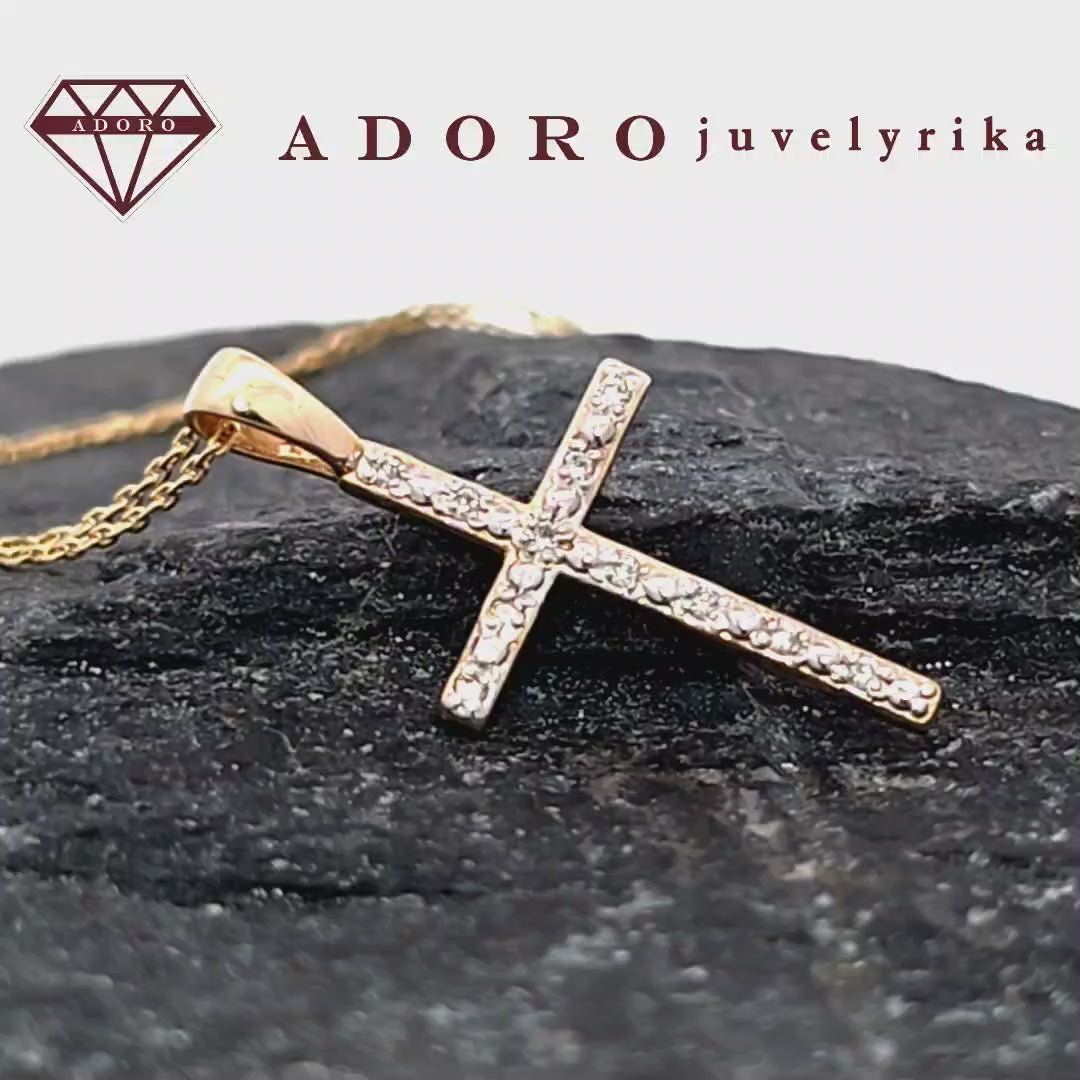 Geltono aukso pakabukas kryželis su 11 deimantų, 0.055 ct – ADORO juvelyrika