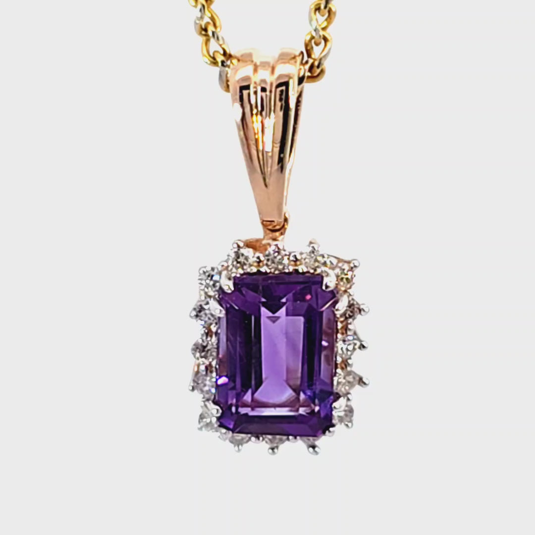 Elegantiškas rausvo aukso pakabukas su violetiniu ametistu ir deimantais – ADORO juvelyrika