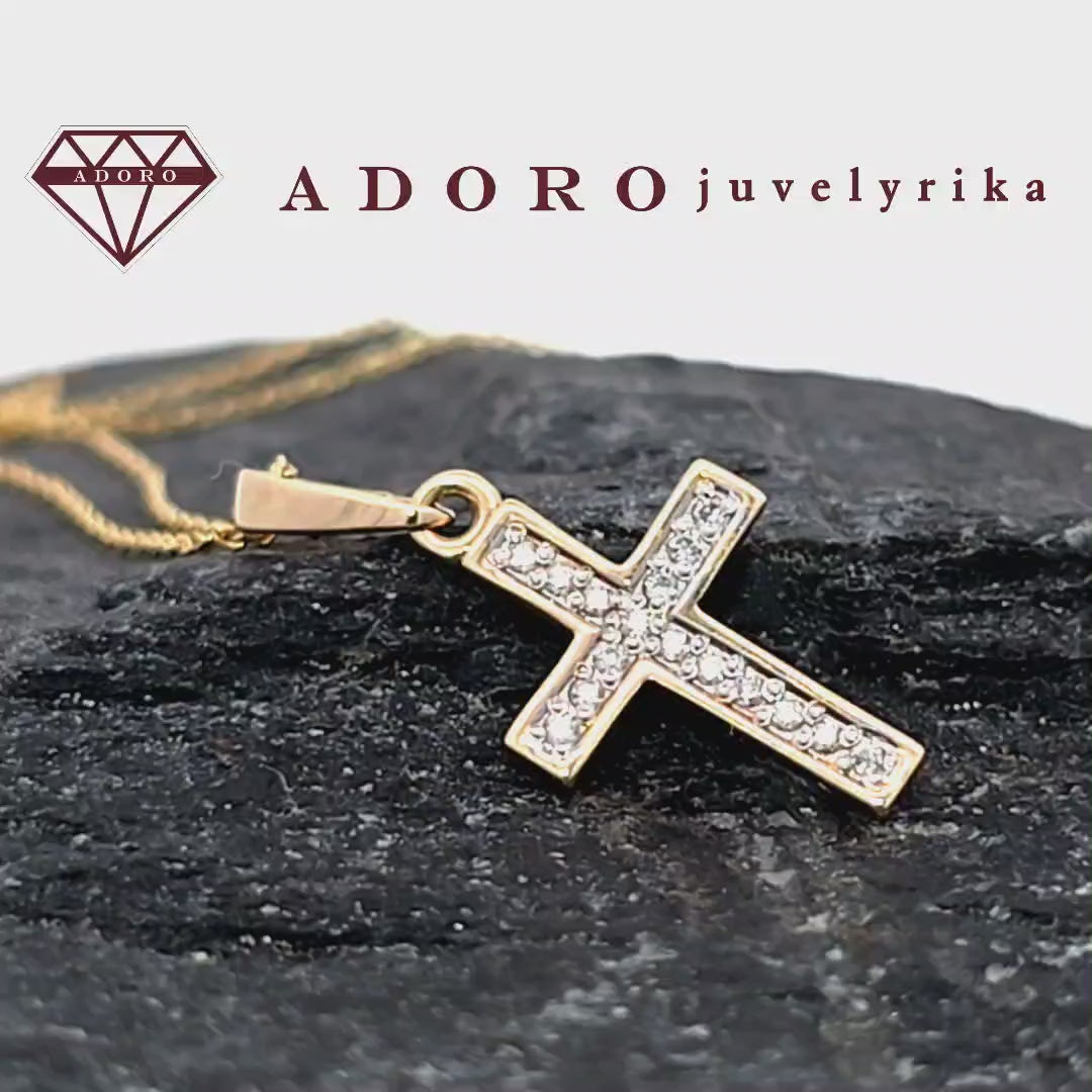Geltono aukso pakabukas kryželis su 15 deimantų, 0.075 ct – ADORO juvelyrika