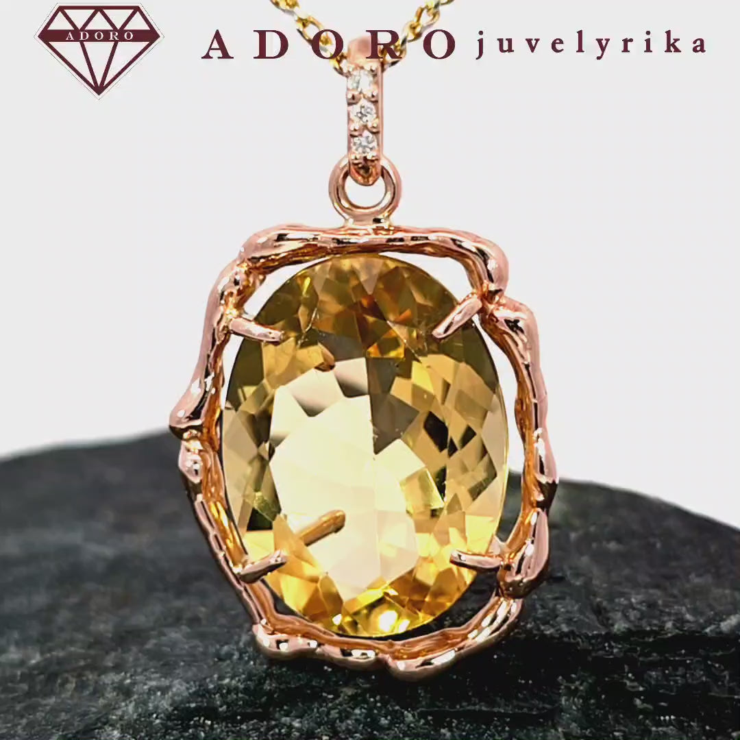 Raudono aukso pakabukas su ovaliu citrinu ir briliantais, 6.55 g. ADORO juvelyrika