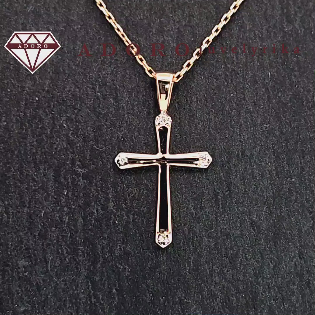 Raudono aukso pakabukas kryželis su 4 deimantais, 0.02 ct – ADORO juvelyrika