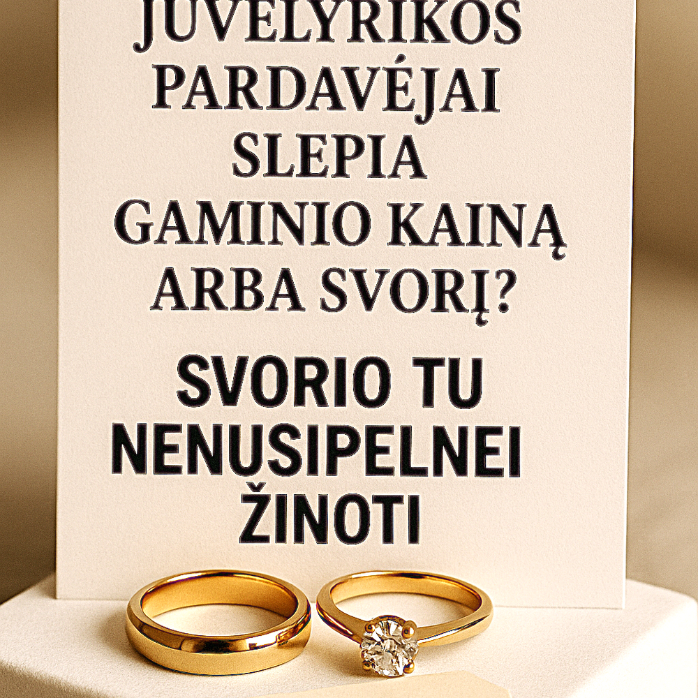 Plakatas su tekstu apie slepiamą juvelyrikos kainą ir svorį, du auksiniai žiedai bei kainų etiketė „pagal užklausą“.