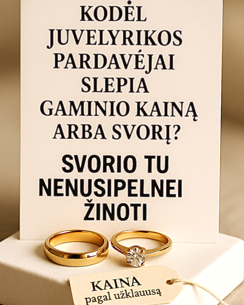 Plakatas su tekstu apie slepiamą juvelyrikos kainą ir svorį, du auksiniai žiedai bei kainų etiketė „pagal užklausą“.