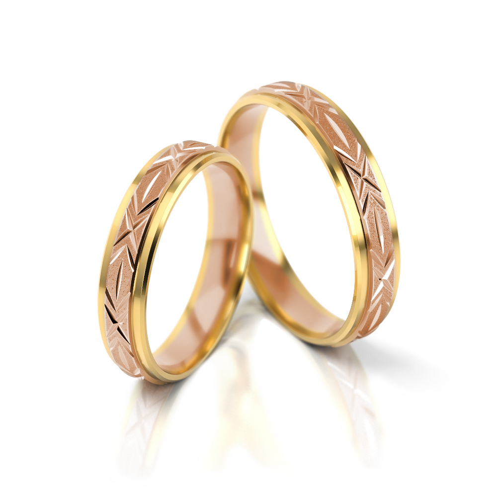 
                  
                    Dviejų spalvų vestuviniai žiedai su graviruotu raštu
                  
                