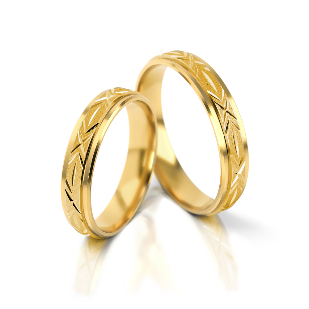 
                  
                    Dviejų spalvų vestuviniai žiedai su graviruotu raštu
                  
                