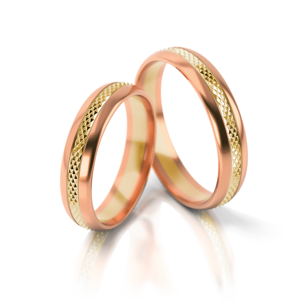 
                  
                    Dviejų spalvų vestuviniai žiedai su deimantuotu raštu (4.3 mm)
                  
                