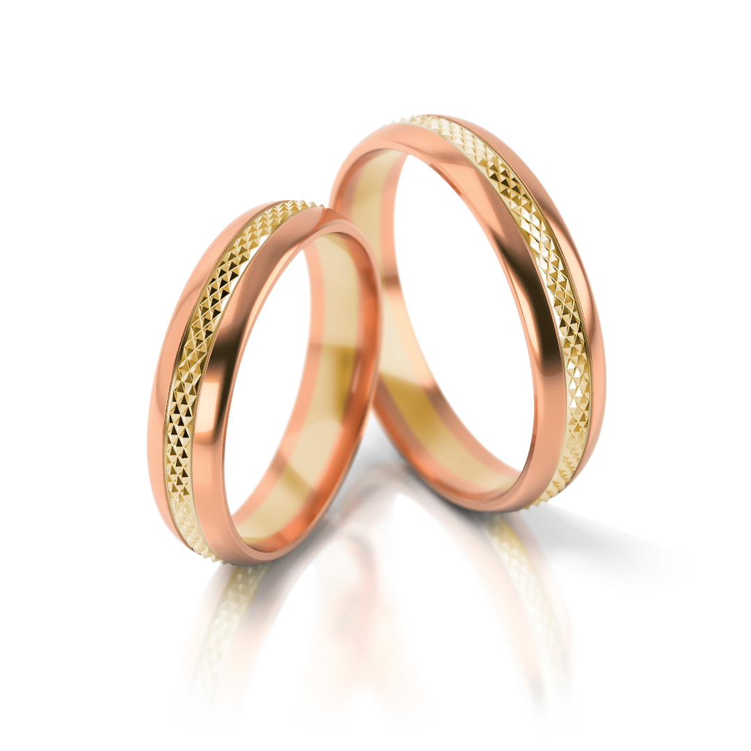 Dviejų spalvų vestuviniai žiedai su deimantuotu raštu (4.3 mm)