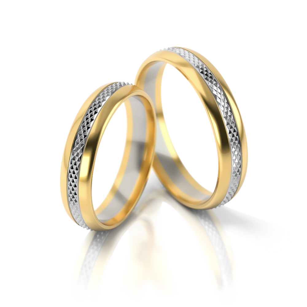 585 prabos dviejų spalvų vestuviniai žiedai su poliruotu ir tekstūriniu paviršiumi – ADORO