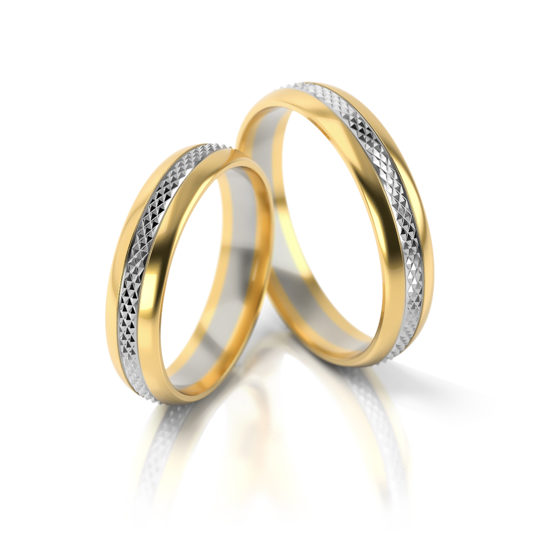 585 prabos dviejų spalvų vestuviniai žiedai su poliruotu ir tekstūriniu paviršiumi – ADORO