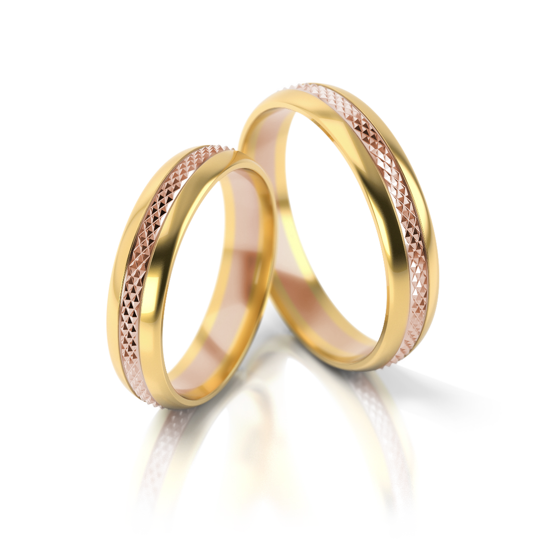 Dviejų spalvų vestuviniai žiedai su deimantuotu raštu (4.3 mm)