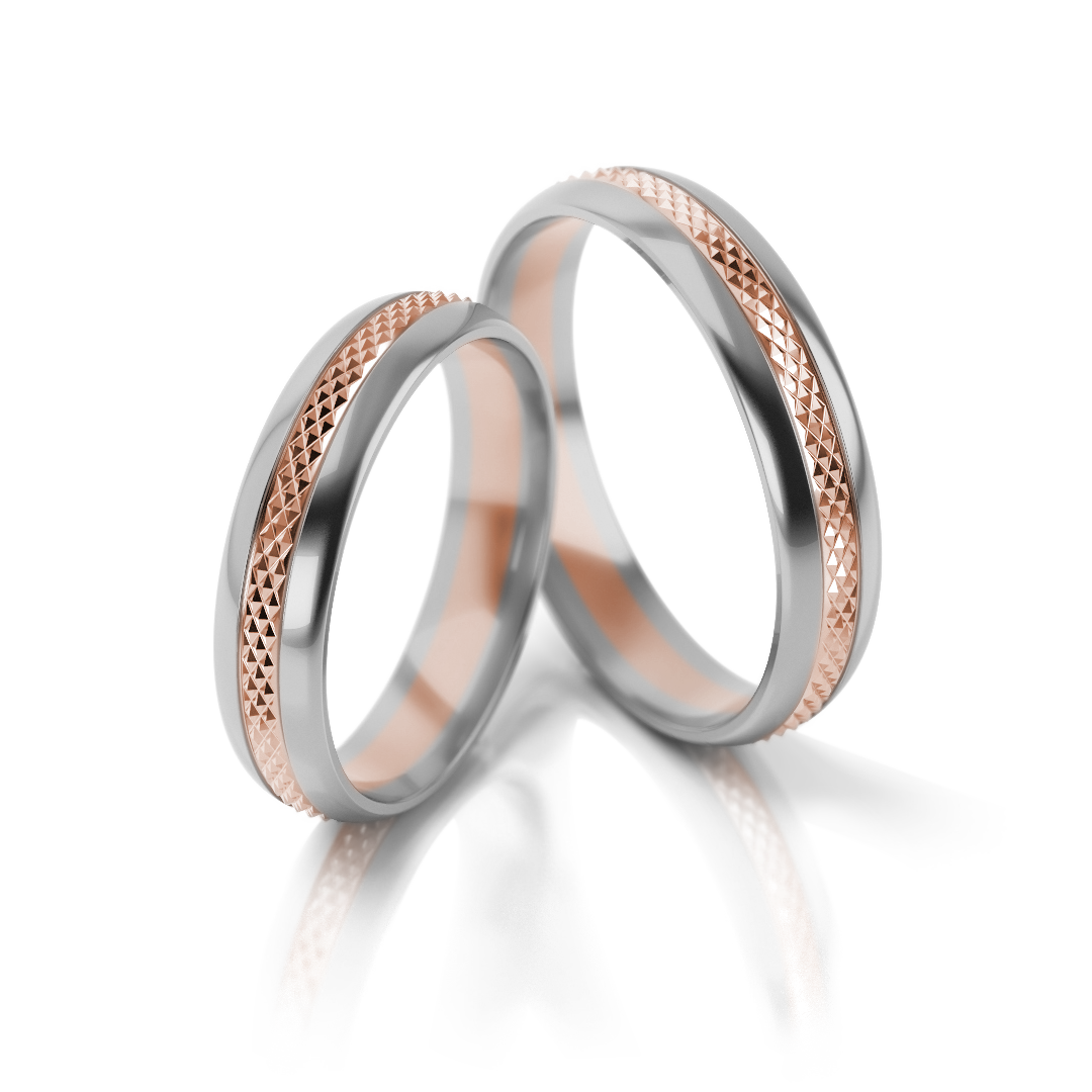 Dviejų spalvų vestuviniai žiedai su deimantuotu raštu (4.3 mm)