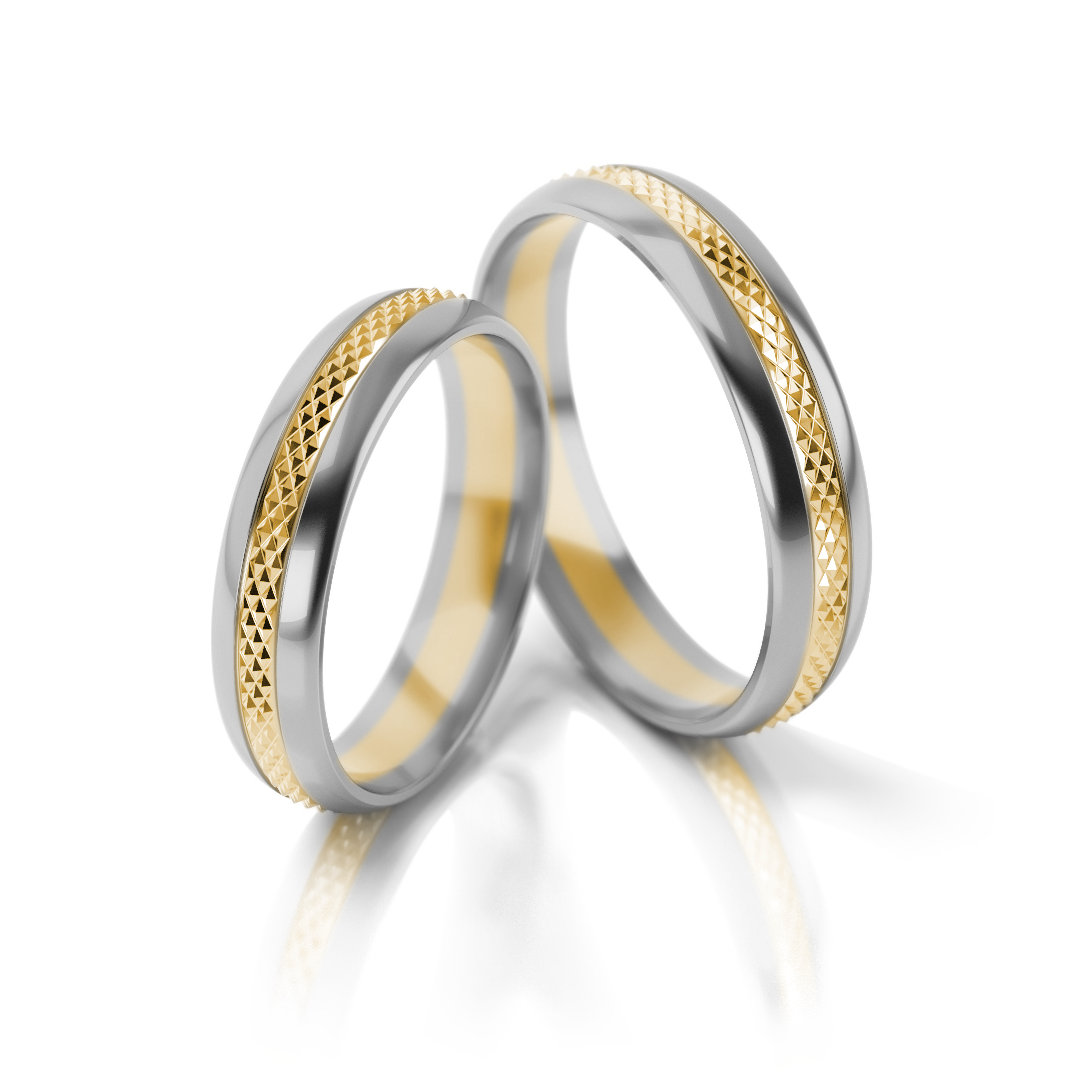 Dviejų spalvų vestuviniai žiedai su deimantuotu raštu (4.3 mm)