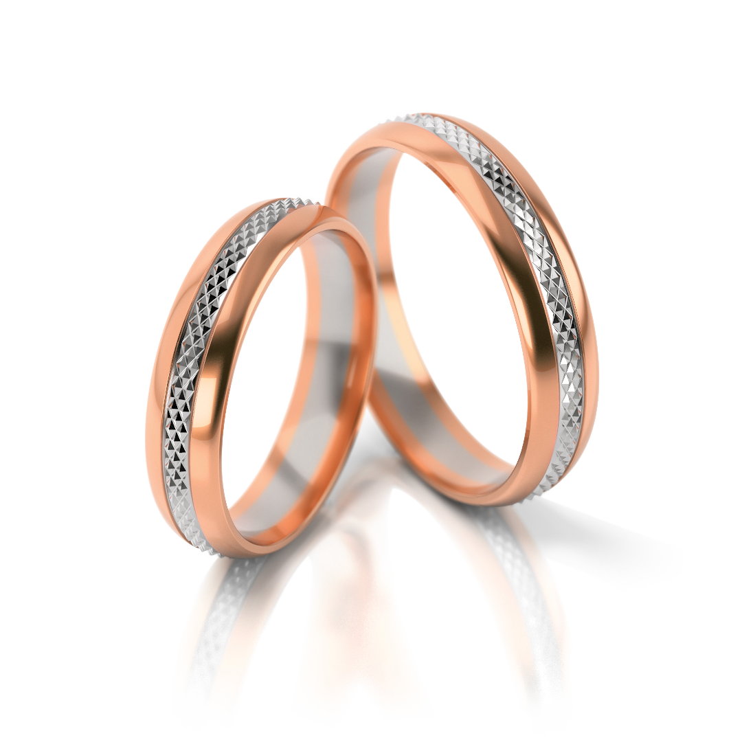 Dviejų spalvų vestuviniai žiedai su deimantuotu raštu (4.3 mm)