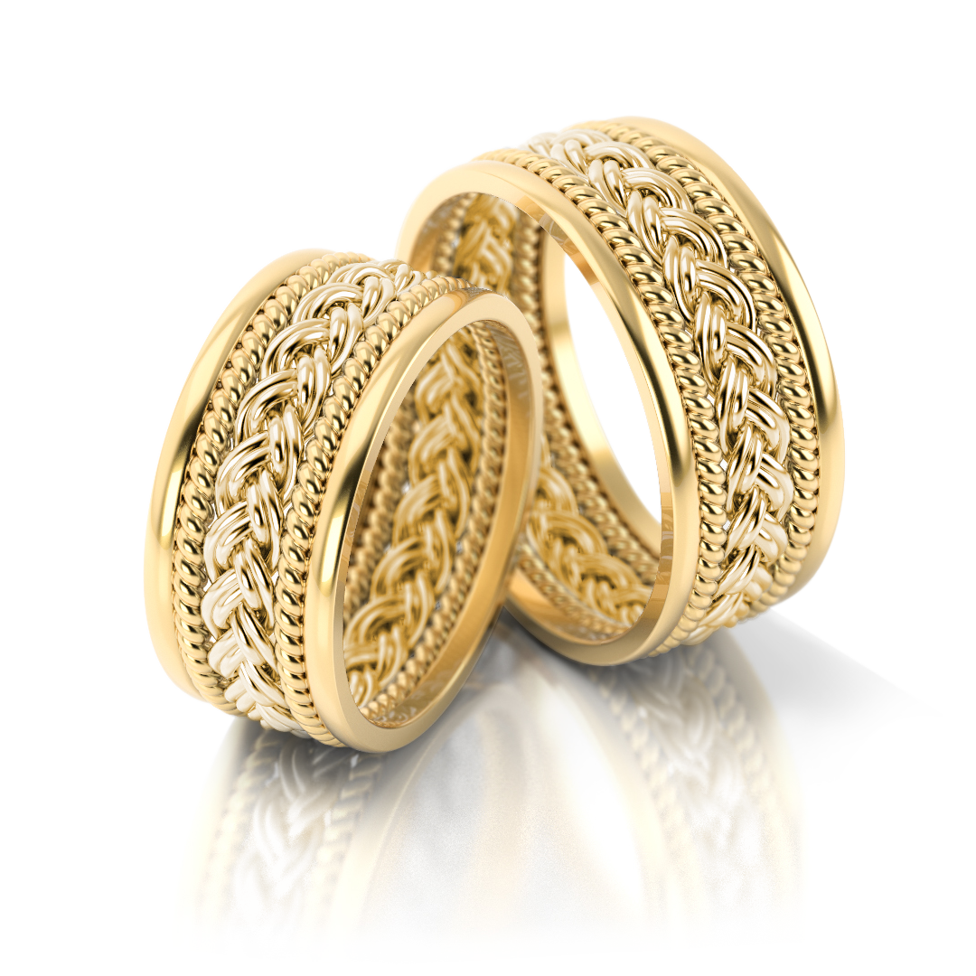 Masyvūs dviejų spalvų vestuviniai žiedai su pynimo raštu (8.5 mm)