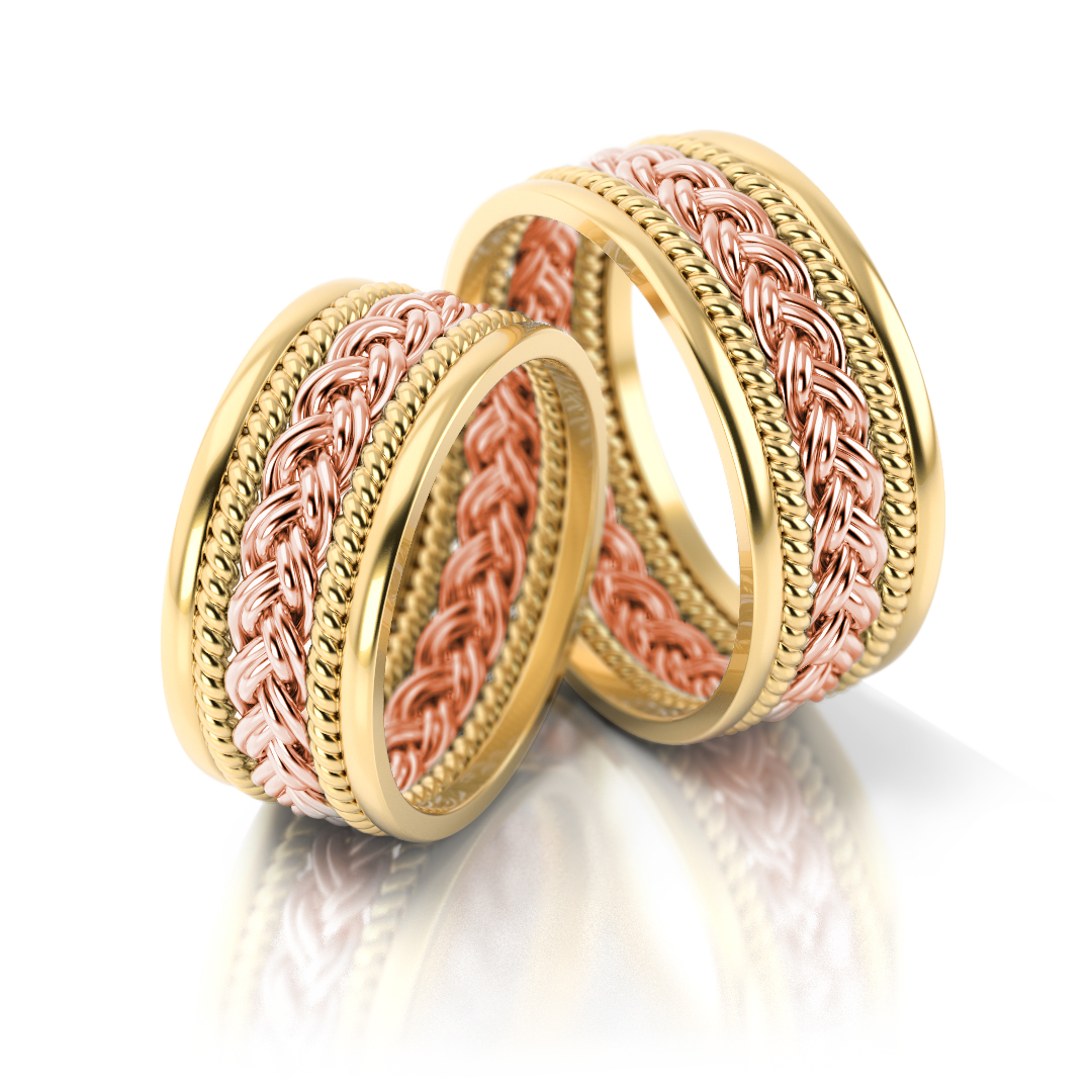 Masyvūs dviejų spalvų vestuviniai žiedai su pynimo raštu (8.5 mm)