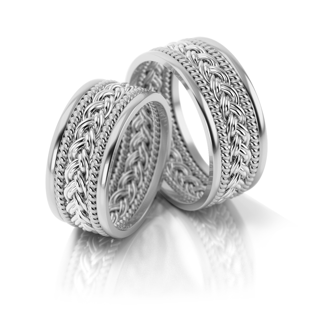 Masyvūs dviejų spalvų vestuviniai žiedai su pynimo raštu (8.5 mm)