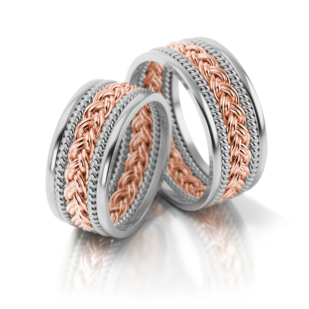 
                  
                    Masyvūs dviejų spalvų vestuviniai žiedai su pynimo raštu (8.5 mm)
                  
                