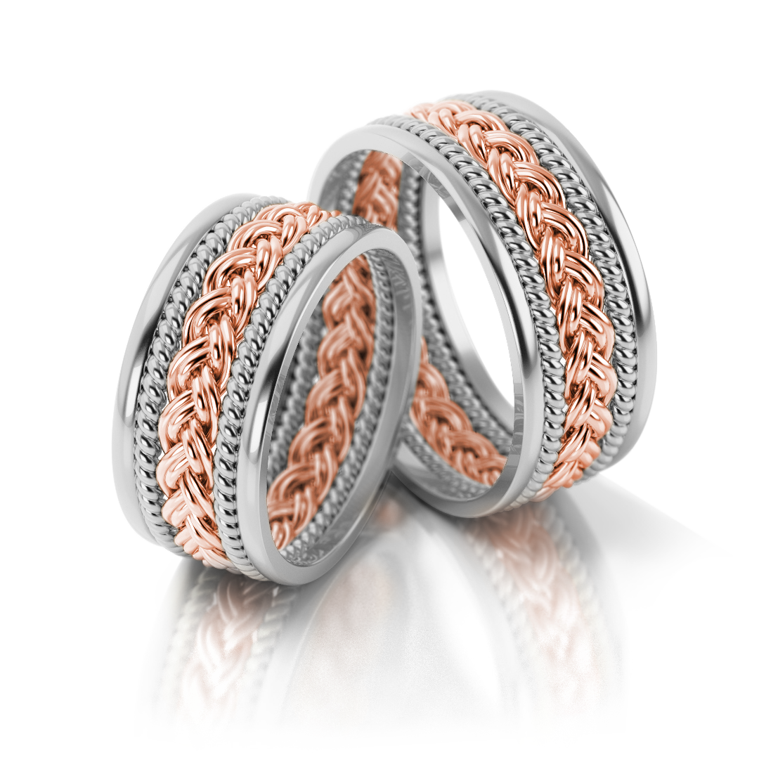 Masyvūs dviejų spalvų vestuviniai žiedai su pynimo raštu (8.5 mm)