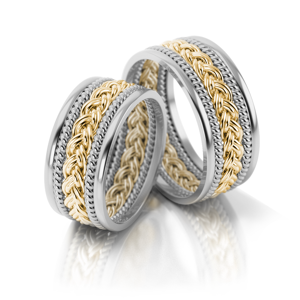 
                  
                    Masyvūs dviejų spalvų vestuviniai žiedai su pynimo raštu (8.5 mm)
                  
                