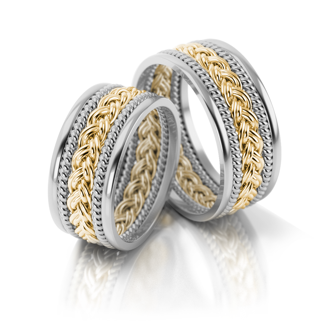 Masyvūs dviejų spalvų vestuviniai žiedai su pynimo raštu (8.5 mm)