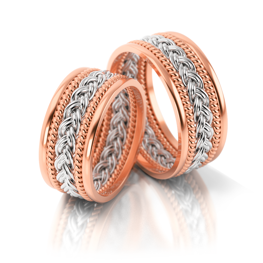 Masyvūs dviejų spalvų vestuviniai žiedai su pynimo raštu (8.5 mm)