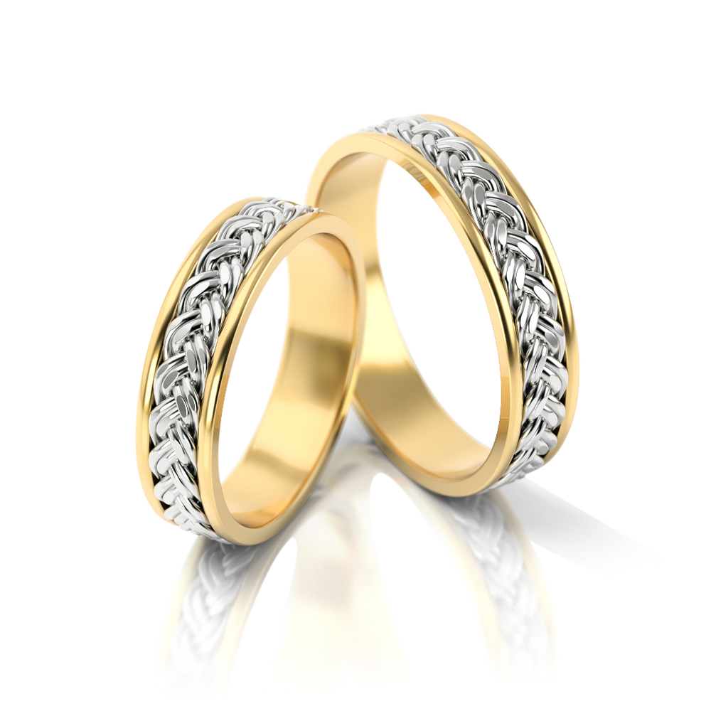 Geltono ir balto aukso 585 prabos žiedai su pintu raštu – ADORO