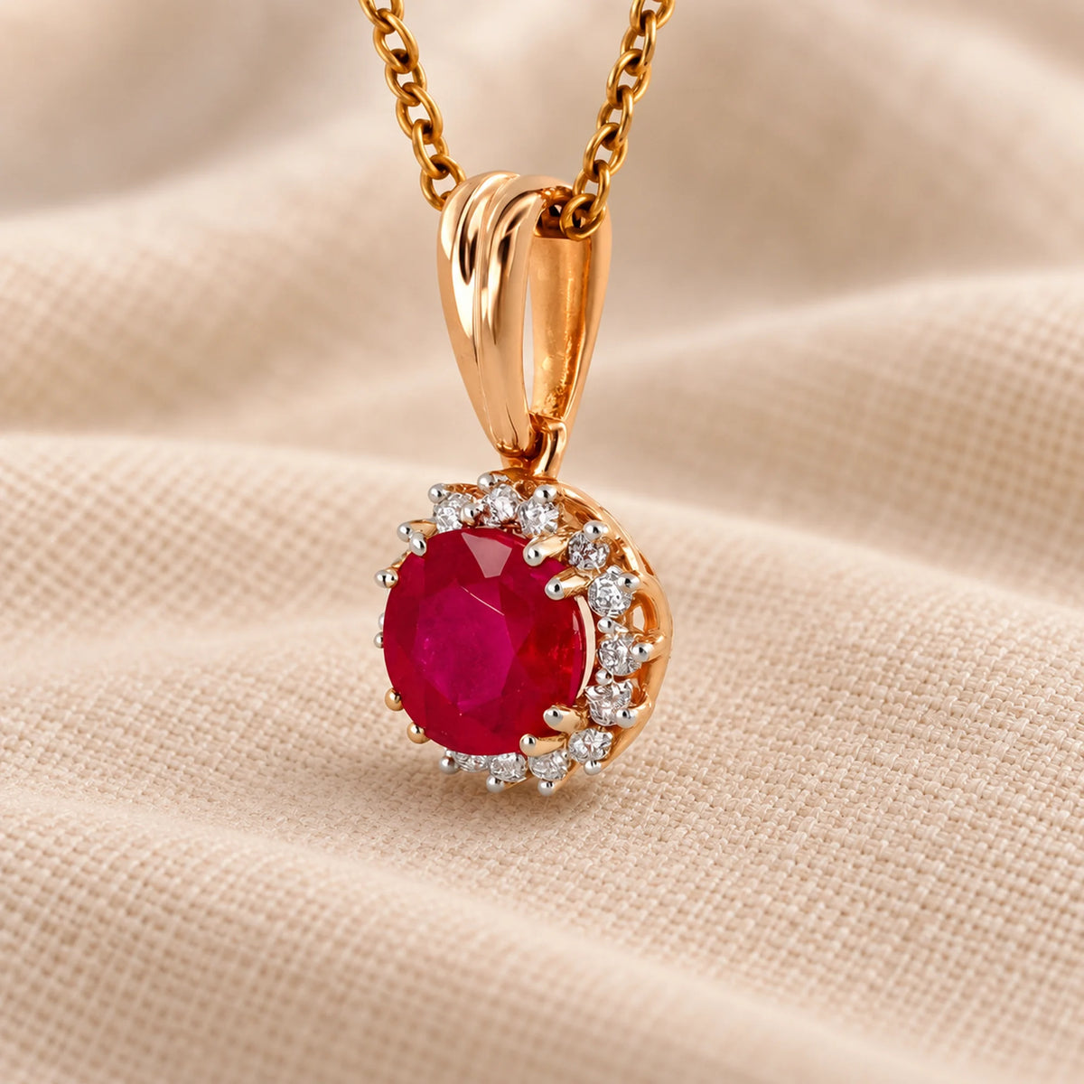 Rausvo aukso pakabukas su rubinu Ruby ir deimantais, 1,24 g, 0,096 ct ant šilto smėlio audinio – ADORO juvelyrika