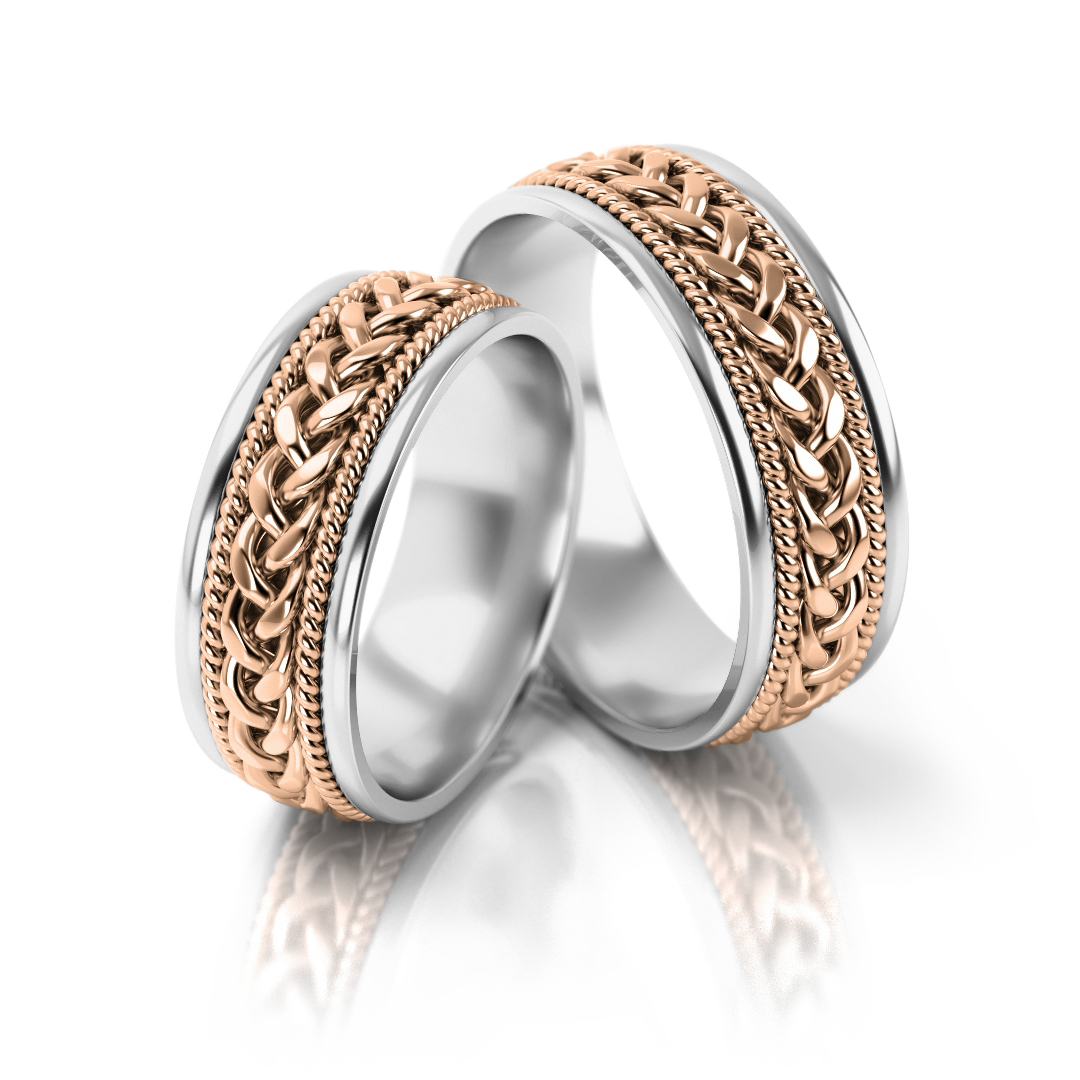 Dviejų spalvų vestuviniai žiedai su pynės raštu (7 mm)