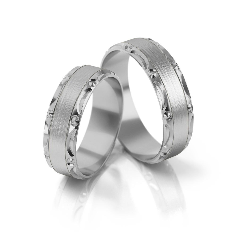 
                  
                    Dviejų spalvų vestuviniai žiedai su ornamentuotu kraštu (6 mm)
                  
                