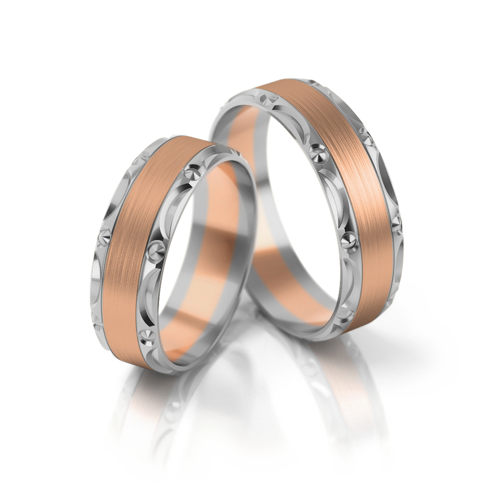 
                  
                    Dviejų spalvų vestuviniai žiedai su ornamentuotu kraštu (6 mm)
                  
                