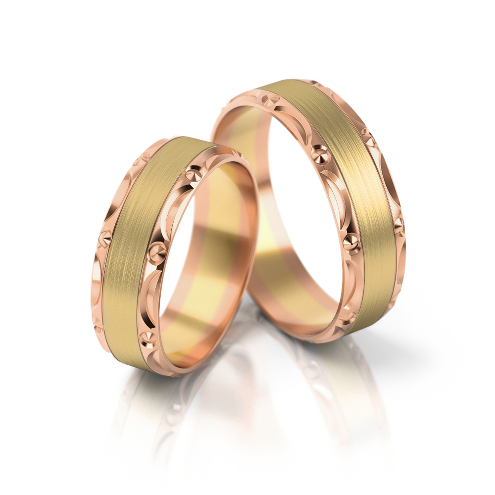 
                  
                    Dviejų spalvų vestuviniai žiedai su ornamentuotu kraštu (6 mm)
                  
                