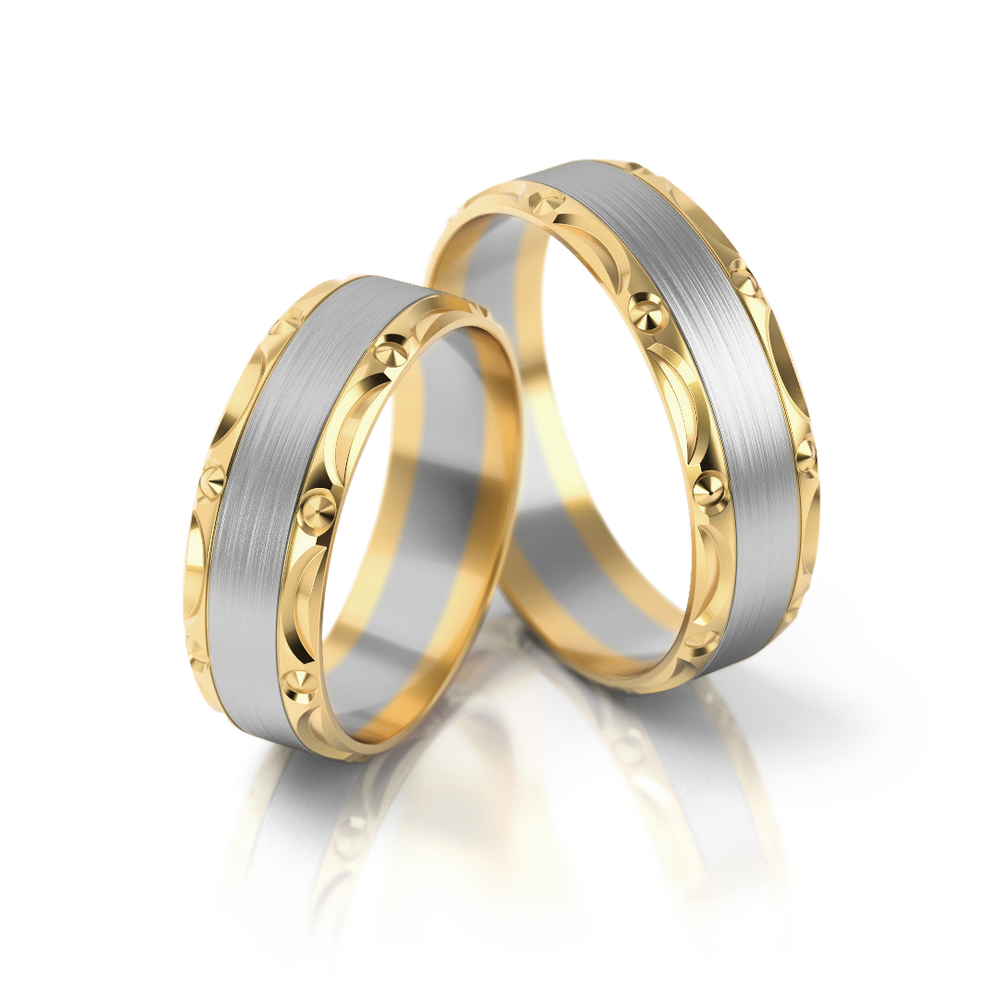 Geltono ir balto aukso vestuviniai žiedai su matiniu centru ir blizgiais kraštais – ADORO