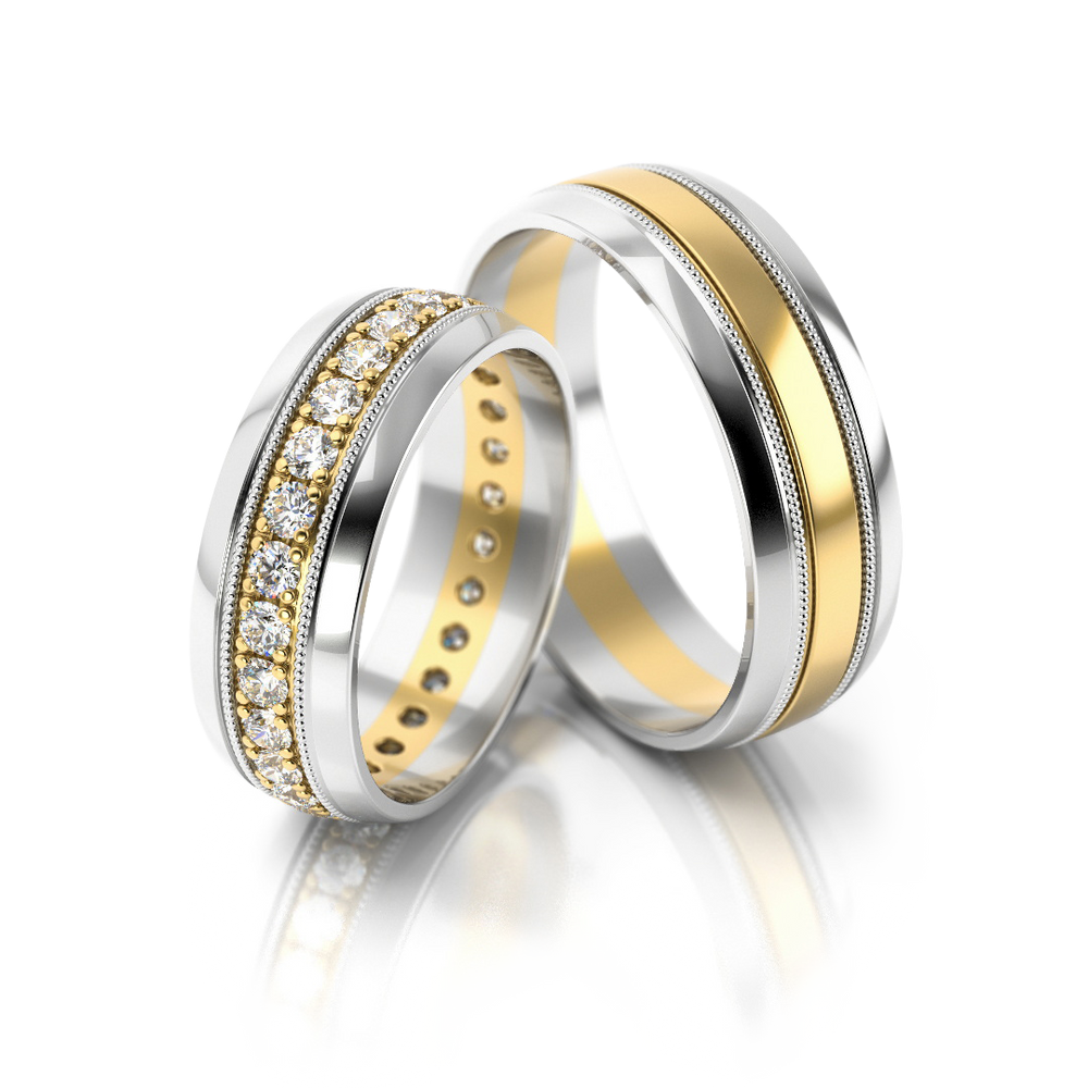 Dviejų spalvų vestuviniai žiedai su briliantų juosta iš 585 prabos aukso – ADORO juvelyrika