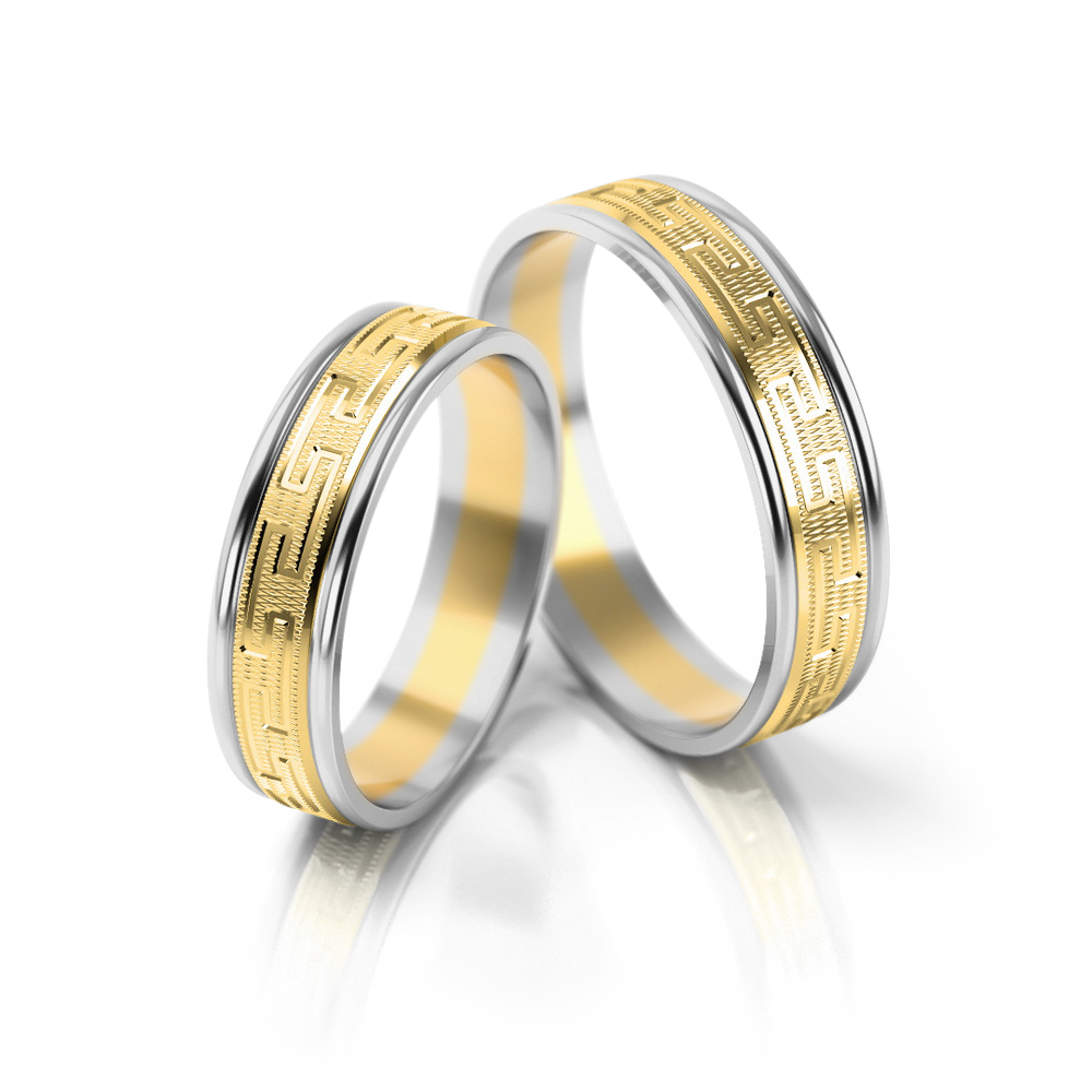 
                  
                    Dviejų spalvų vestuviniai žiedai su geometriniu raštu (5 mm)
                  
                