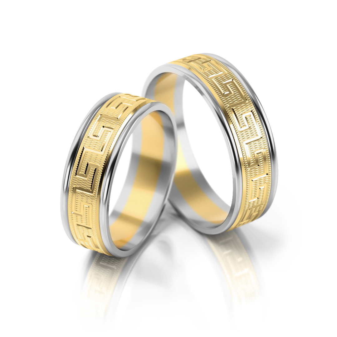 Dviejų spalvų vestuviniai žiedai su klasikiniu raštu (6 mm)