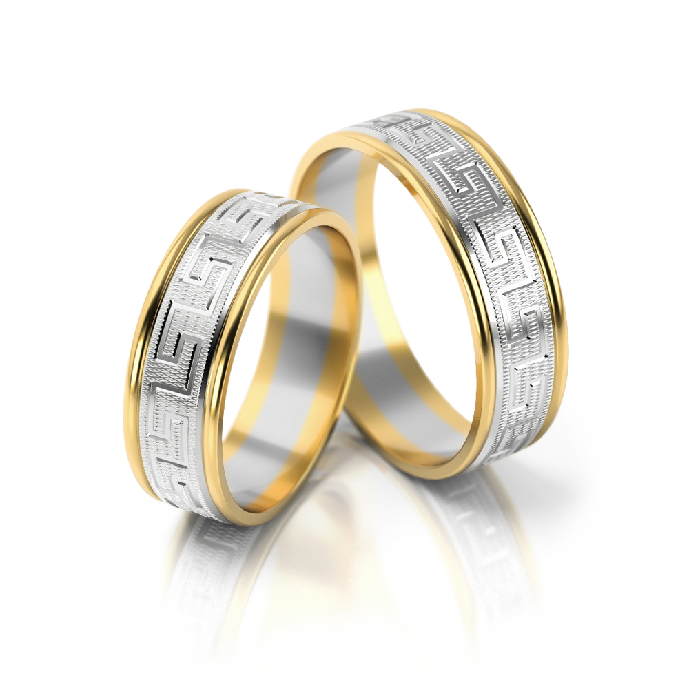 Geltono ir balto aukso vestuviniai žiedai su klasikiniu ornamentu – ADORO