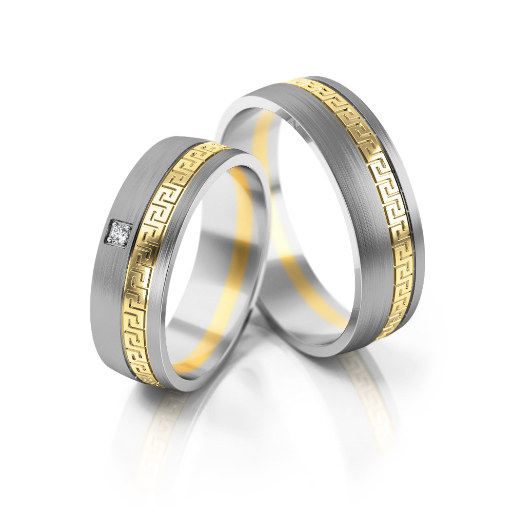 
                  
                    Vestuviniai žiedai – geltonas ir baltas auksas su deimantu, 6 mm pločio
                  
                