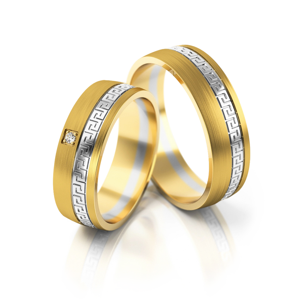 Geltono ir balto aukso vestuviniai žiedai su ornamentu ir deimantu – ADORO juvelyrika