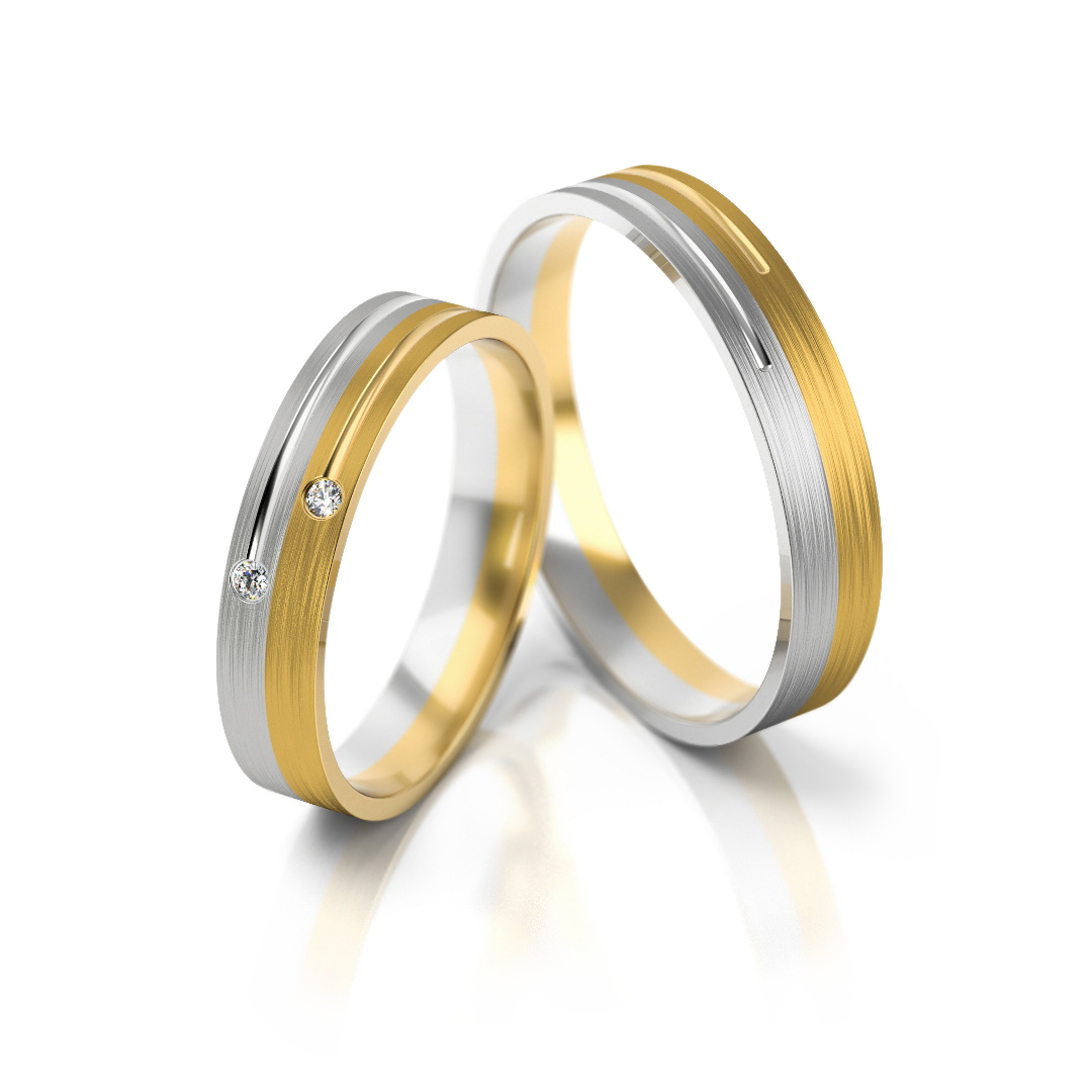 Dviejų spalvų aukso vestuviniai žiedai su matinio ir poliruoto paviršiaus deriniu – ADORO juvelyrika