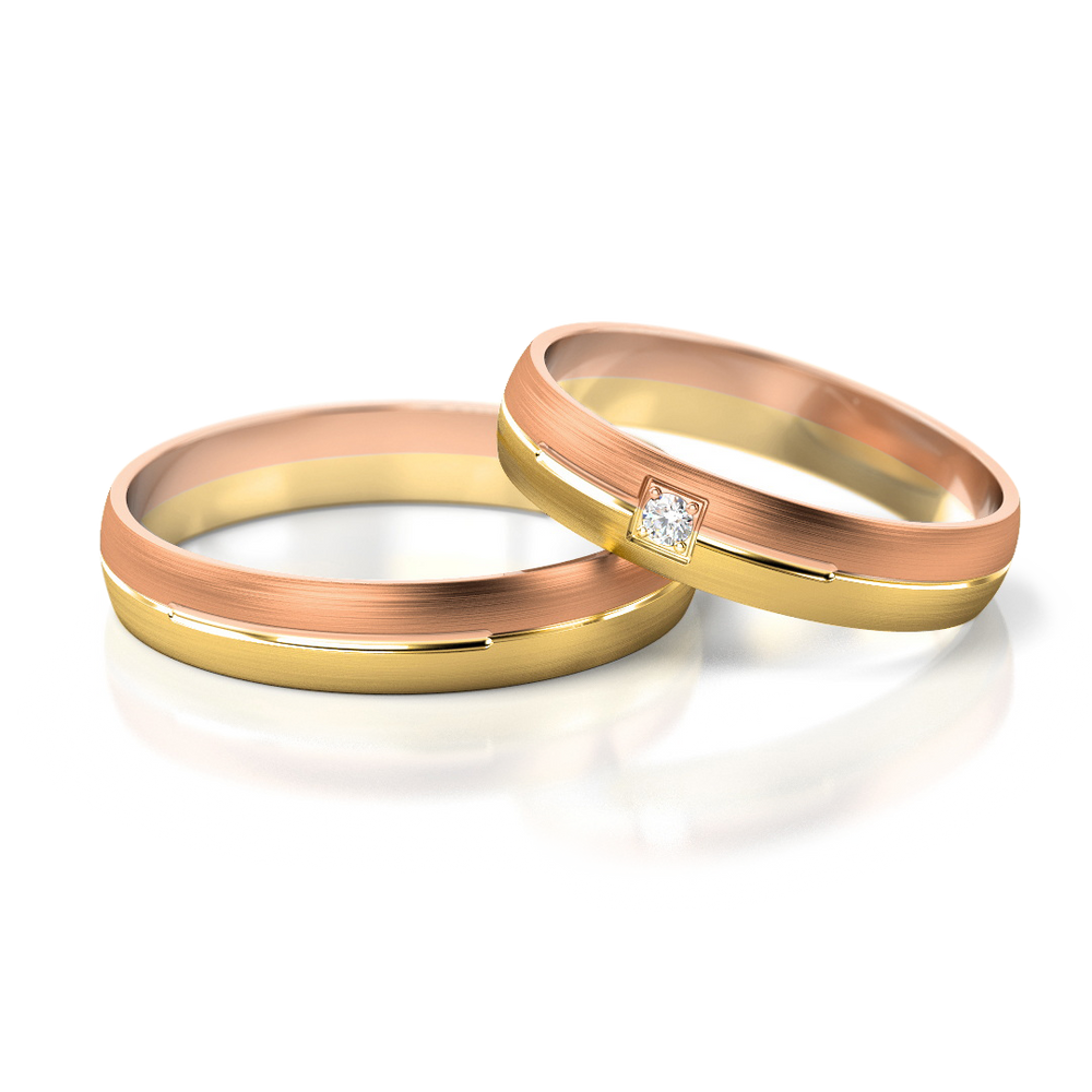 
                  
                    Vestuviniai žiedai – dviejų spalvų auksas su deimantu, 4 mm pločio
                  
                