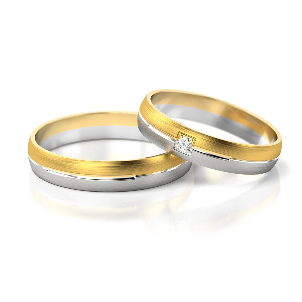 Geltono ir balto aukso vestuviniai žiedai su matiniu ir poliruotu paviršiumi – ADORO juvelyrika