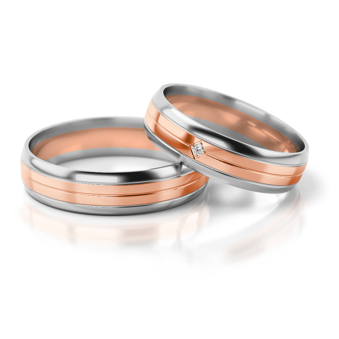 Dviejų spalvų vestuviniai žiedai su deimantu (5 mm)