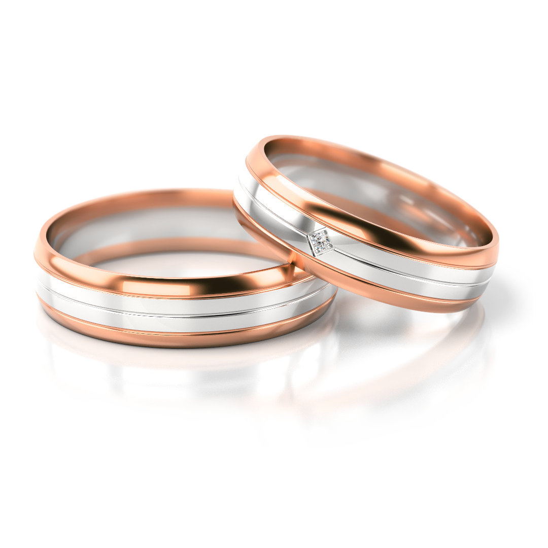 Dviejų spalvų vestuviniai žiedai su deimantu (5 mm)