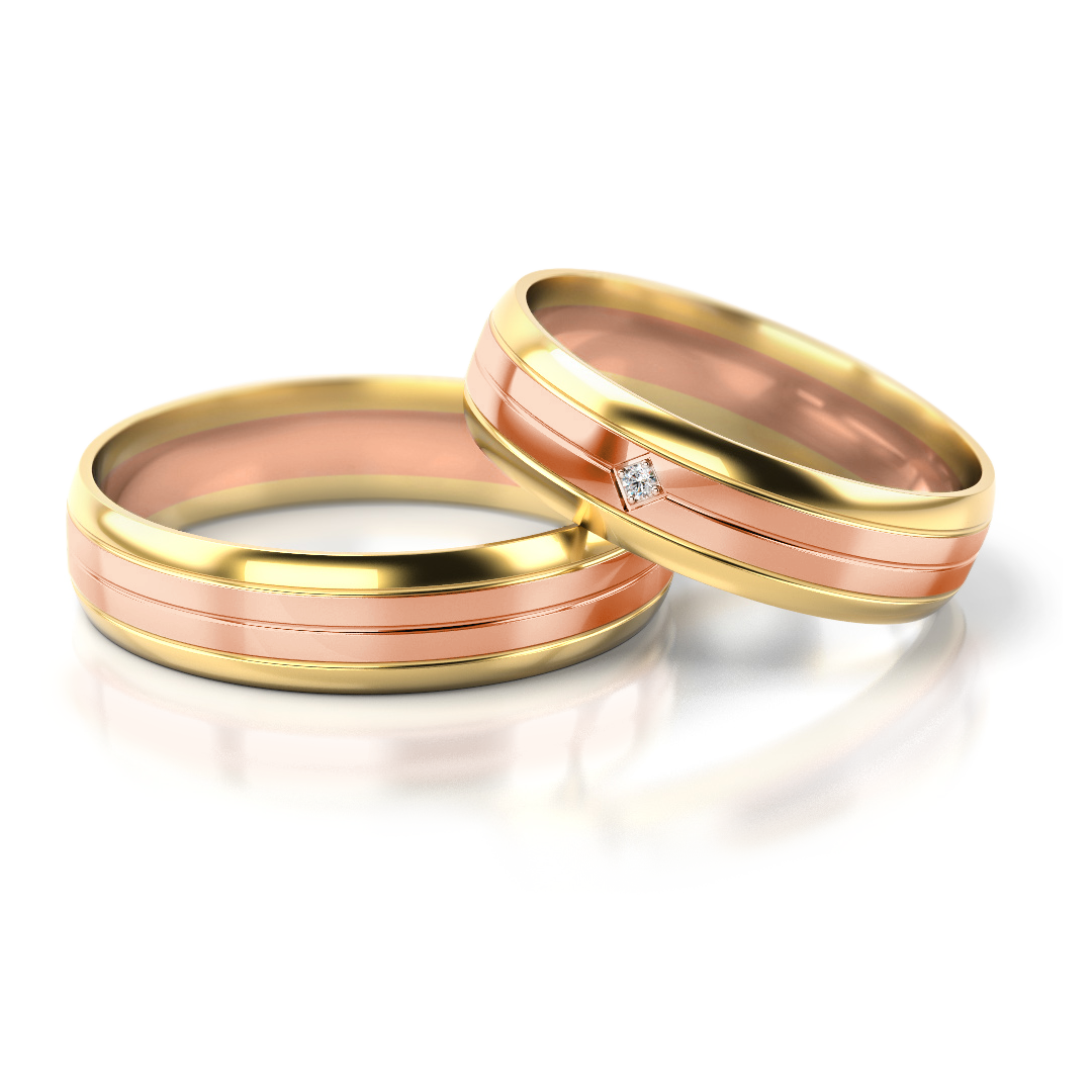 Dviejų spalvų vestuviniai žiedai su deimantu (5 mm)
