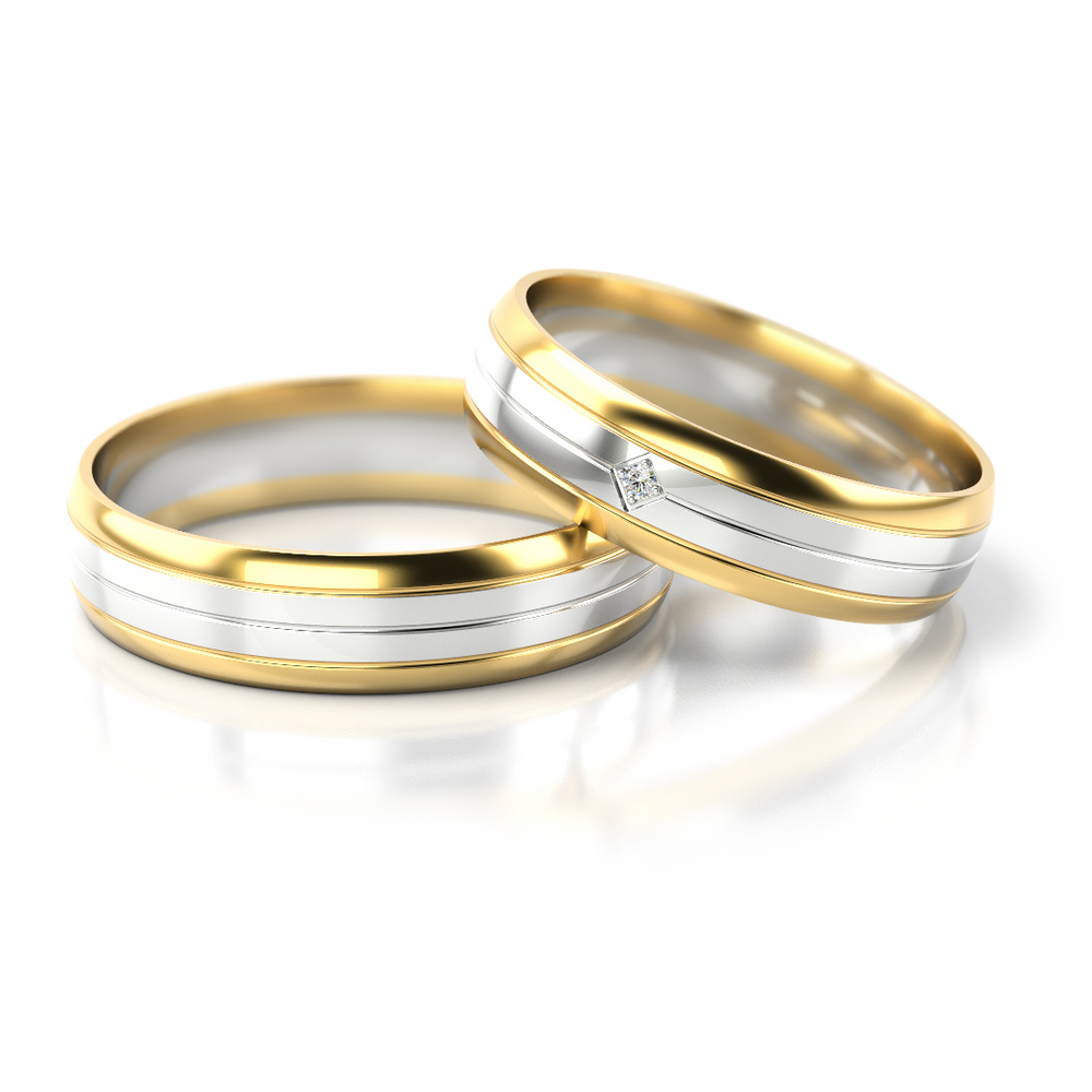 Dviejų spalvų vestuviniai žiedai su mažyčiu deimantu – ADORO juvelyrika