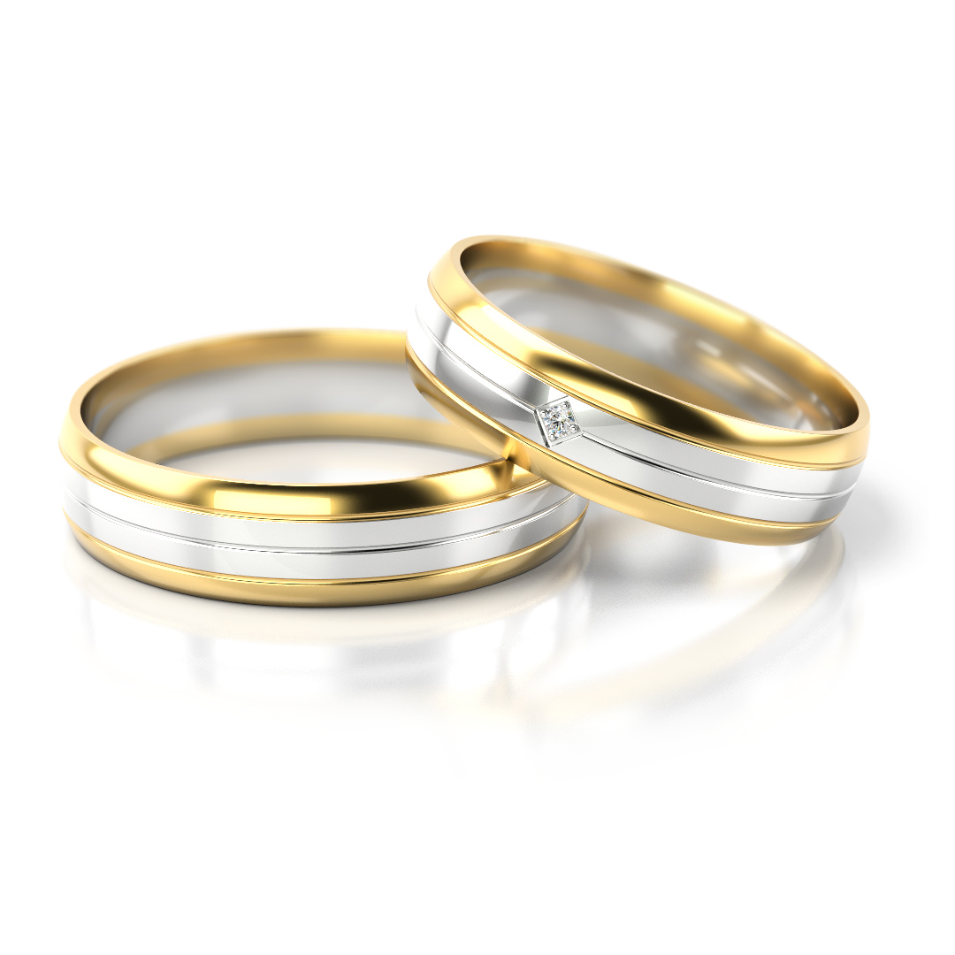 Dviejų spalvų vestuviniai žiedai su mažyčiu deimantu – ADORO juvelyrika