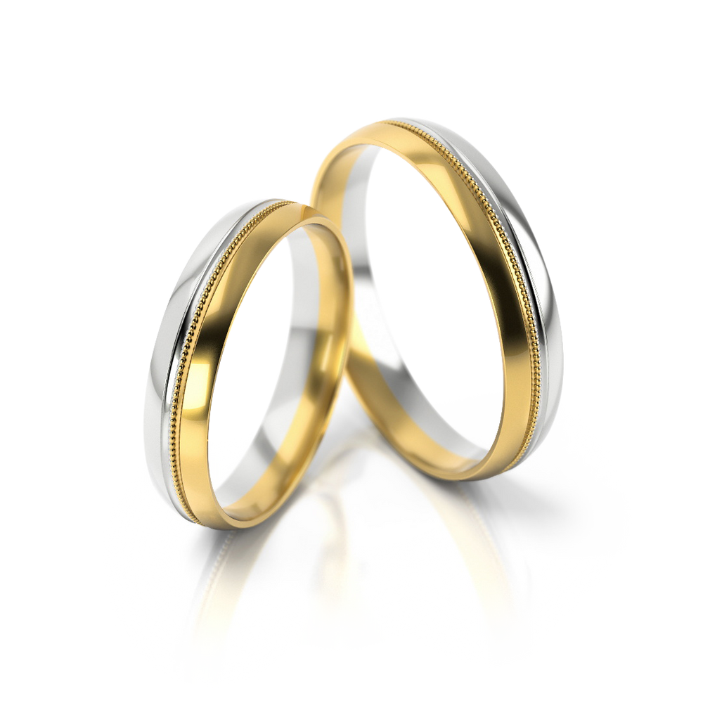Dviejų spalvų vestuviniai žiedai su ornamentuotu krašteliu – ADORO juvelyrika